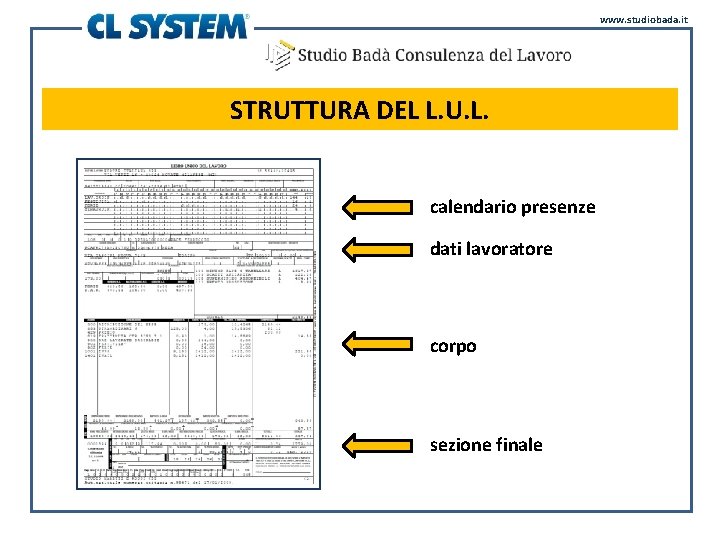 www. studiobada. it STRUTTURA DEL L. U. L. calendario presenze dati lavoratore corpo sezione