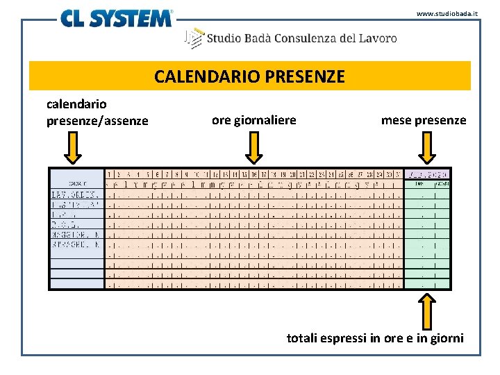 www. studiobada. it CALENDARIO PRESENZE calendario presenze/assenze ore giornaliere mese presenze totali espressi in