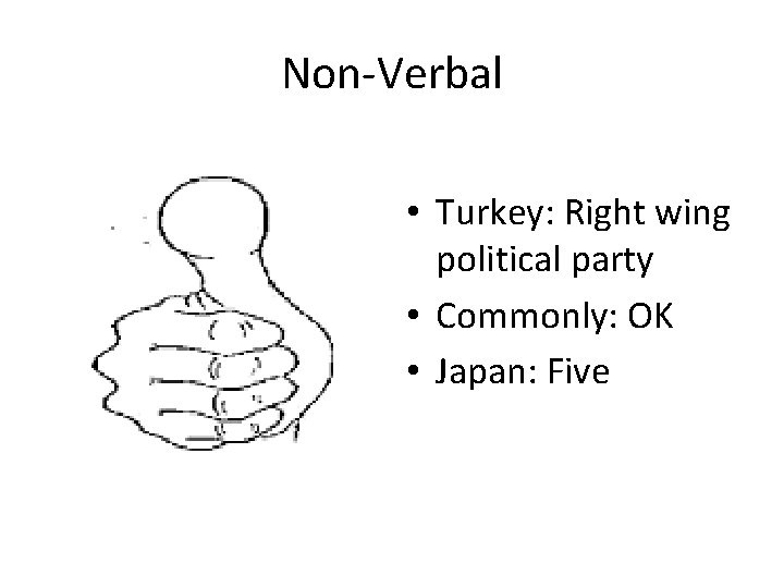 Non-Verbal • Turkey: Right wing political party • Commonly: OK • Japan: Five 