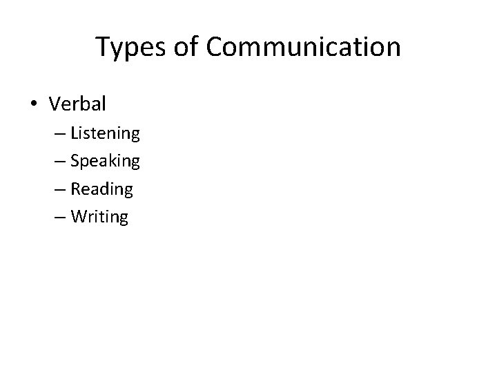 Types of Communication • Verbal – Listening – Speaking – Reading – Writing 