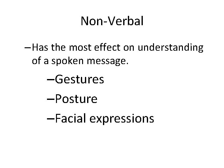 Non-Verbal – Has the most effect on understanding of a spoken message. –Gestures –Posture