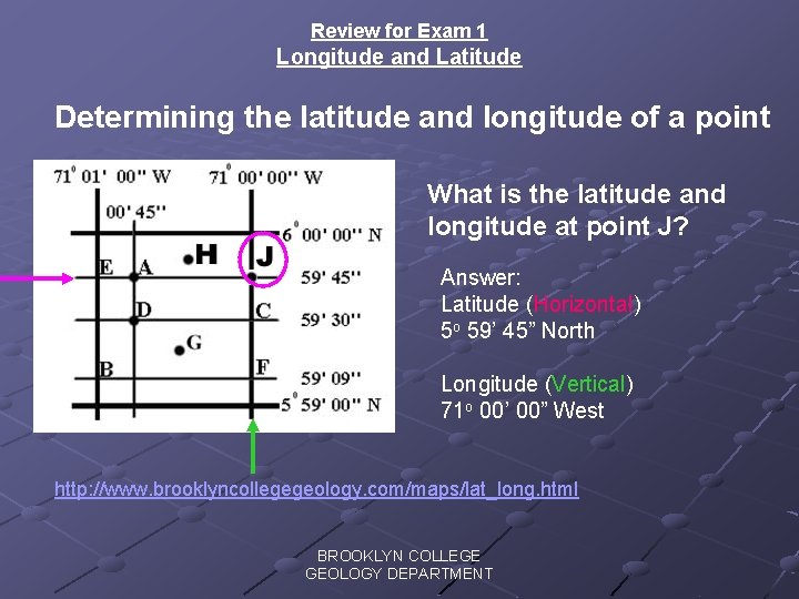 Review for Exam 1 Longitude and Latitude Determining the latitude and longitude of a