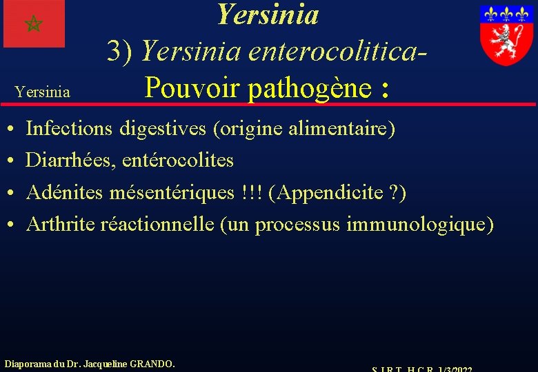 Yersinia • • Yersinia 3) Yersinia enterocolitica. Pouvoir pathogène : Infections digestives (origine alimentaire)