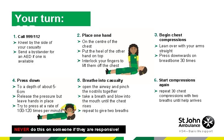 Your turn: CPR 1. Call 999/112 Kneel by the side of your casualty Send
