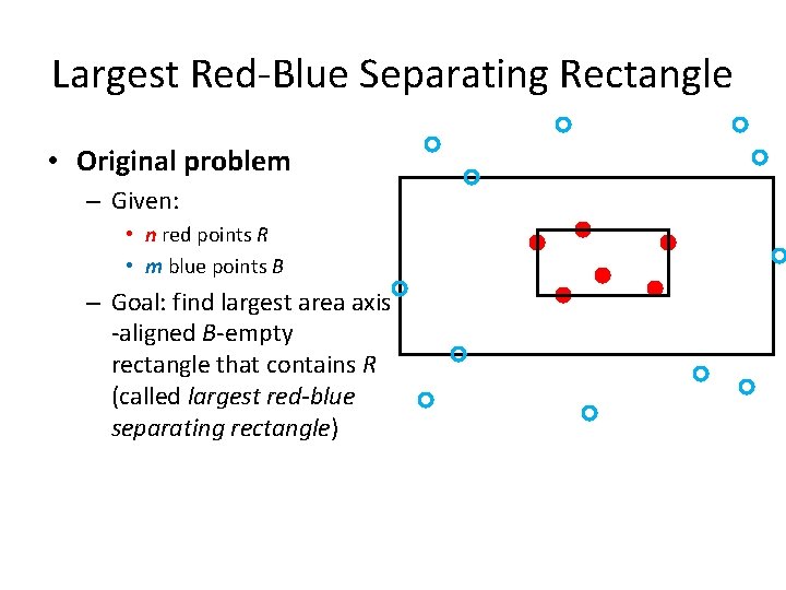 Largest Red-Blue Separating Rectangle • Original problem – Given: • n red points R