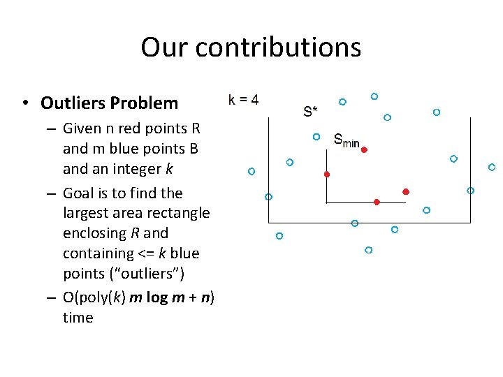 Our contributions • Outliers Problem – Given n red points R and m blue