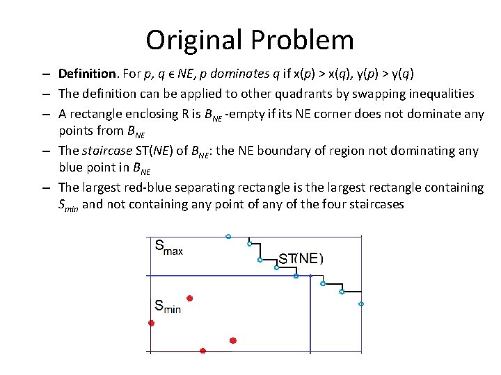 Original Problem – Definition. For p, q ϵ NE, p dominates q if x(p)