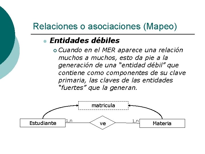 Relaciones o asociaciones (Mapeo) l Entidades débiles ¡ Cuando en el MER aparece una