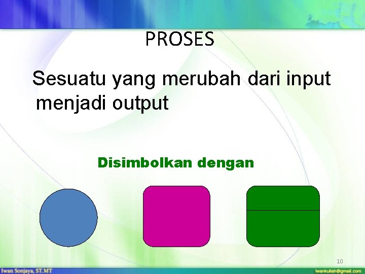 PROSES Sesuatu yang merubah dari input menjadi output Disimbolkan dengan 10 