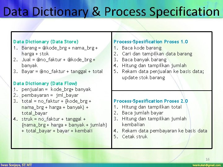 Data Dictionary & Process Specification Data Dictionary (Data Store) 1. Barang = @kode_brg +