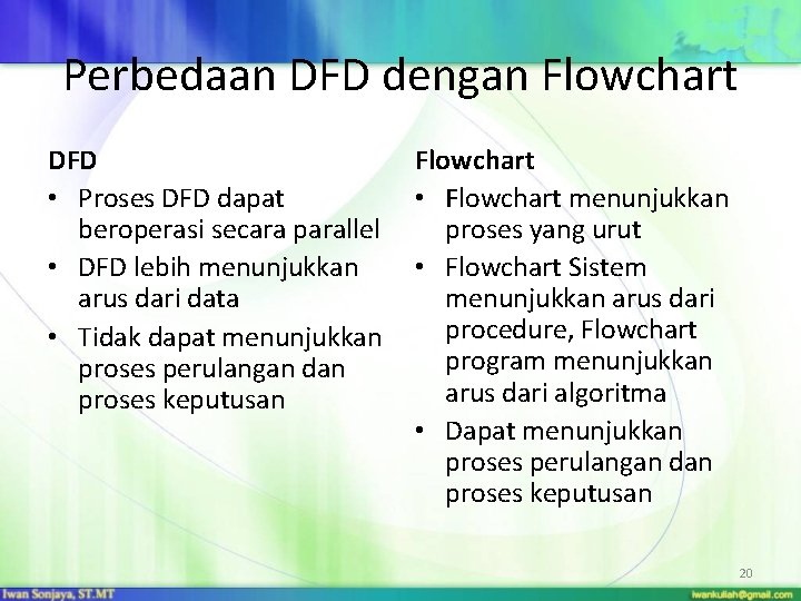 Perbedaan DFD dengan Flowchart DFD • Proses DFD dapat beroperasi secara parallel • DFD