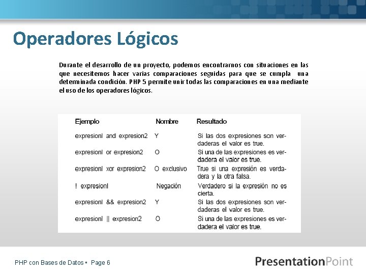 Operadores Lógicos Durante el desarrollo de un proyecto, podemos encontrarnos con situaciones en las