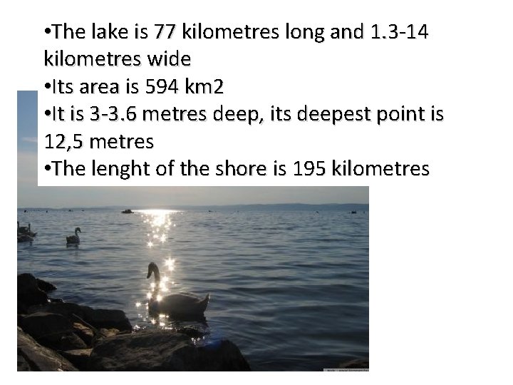  • The lake is 77 kilometres long and 1. 3 -14 kilometres wide