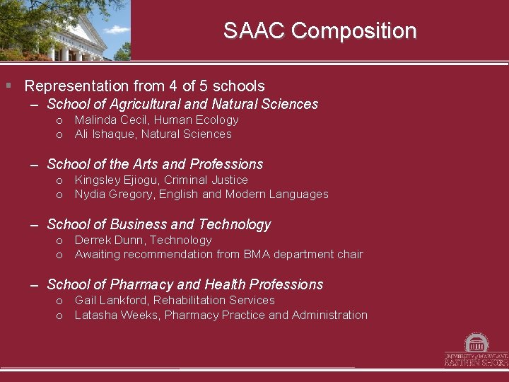 SAAC Composition § Representation from 4 of 5 schools – School of Agricultural and