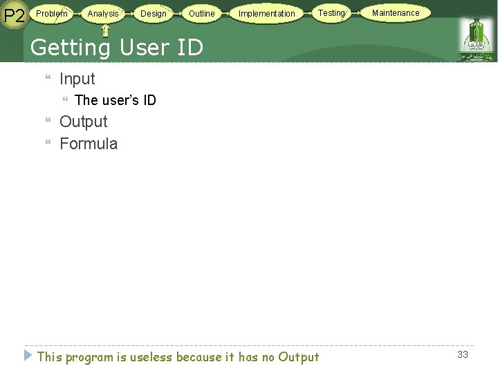 P 2 Problem Analysis Design Outline Implementation Testing Maintenance Getting User ID Input The P 2 Problem Analysis Design Outline Implementation Testing Maintenance Getting User ID Input The