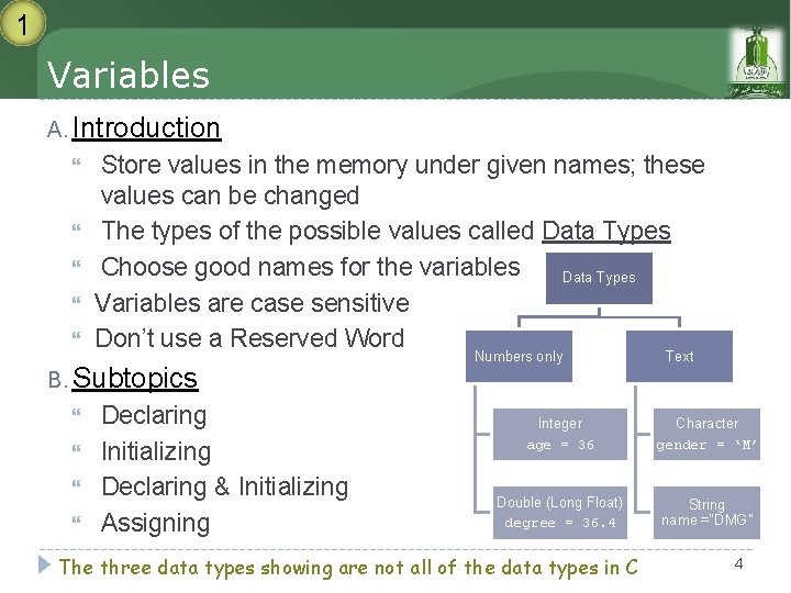 1 Variables A. Introduction Store values in the memory under given names; these values 1 Variables A. Introduction Store values in the memory under given names; these values