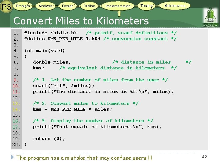 P 3 Problem Analysis Design Outline Implementation Testing Maintenance Convert Miles to Kilometers 1. P 3 Problem Analysis Design Outline Implementation Testing Maintenance Convert Miles to Kilometers 1.