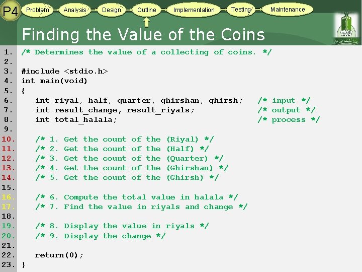 P 4 Problem Analysis Design Outline Implementation Maintenance Testing Finding the Value of the P 4 Problem Analysis Design Outline Implementation Maintenance Testing Finding the Value of the