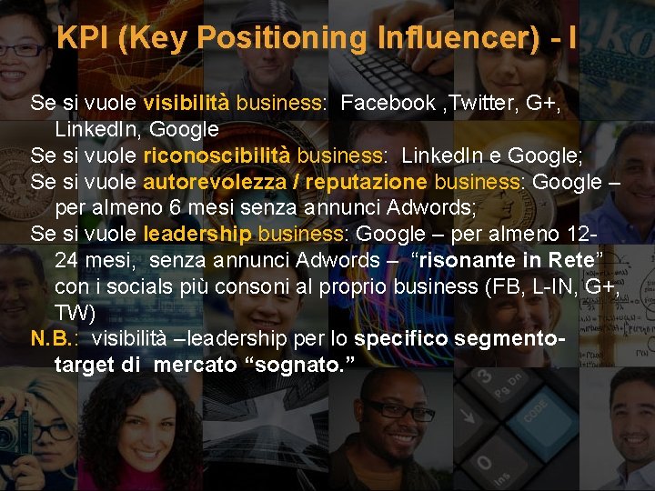 KPI (Key Positioning Influencer) - I Se si vuole visibilità business: Facebook , Twitter,