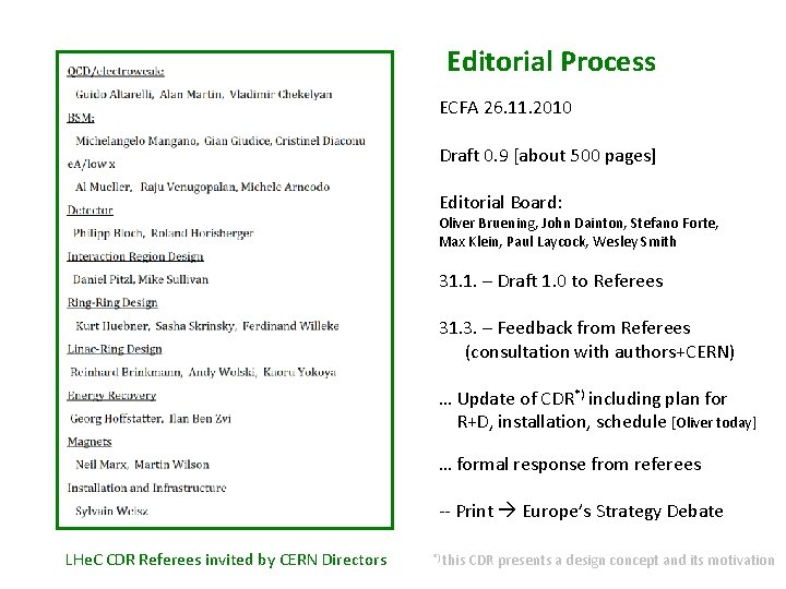 Editorial Process ECFA 26. 11. 2010 Draft 0. 9 [about 500 pages] Editorial Board: