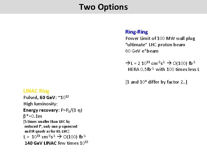 Two Options Ring-Ring Power Limit of 100 MW wall plug “ultimate” LHC proton beam