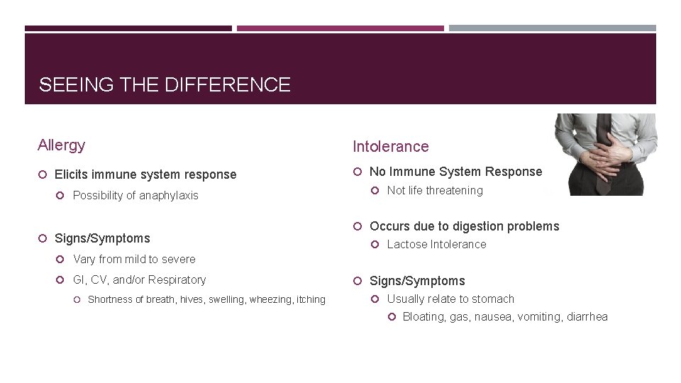 SEEING THE DIFFERENCE Allergy Intolerance Elicits immune system response No Immune System Response Possibility