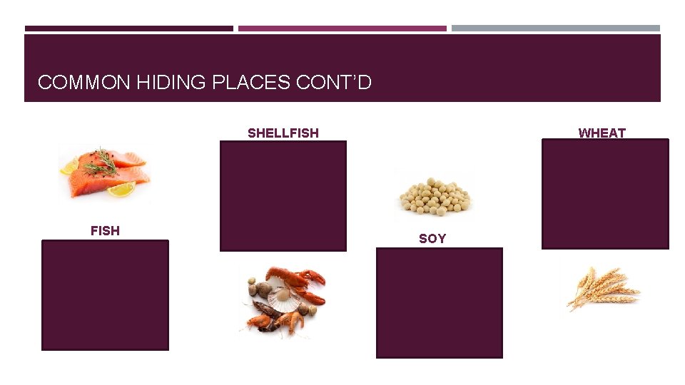 COMMON HIDING PLACES CONT’D SHELLFISH -Fish stock/seafood flavoring -Imitation crab meat FISH -Caponata (relish)