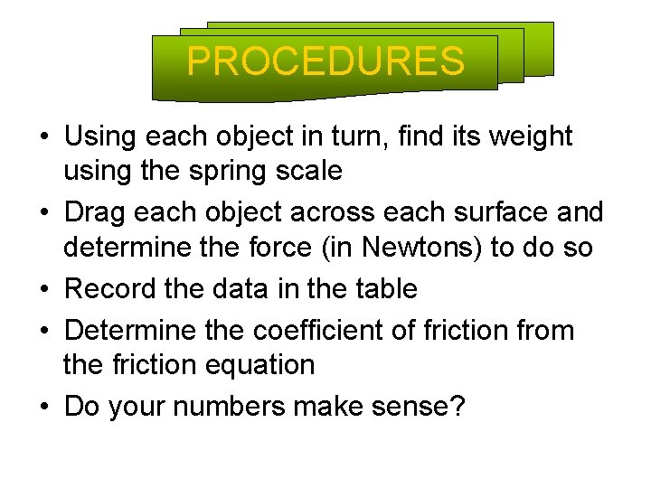 PROCEDURES • Using each object in turn, find its weight using the spring scale