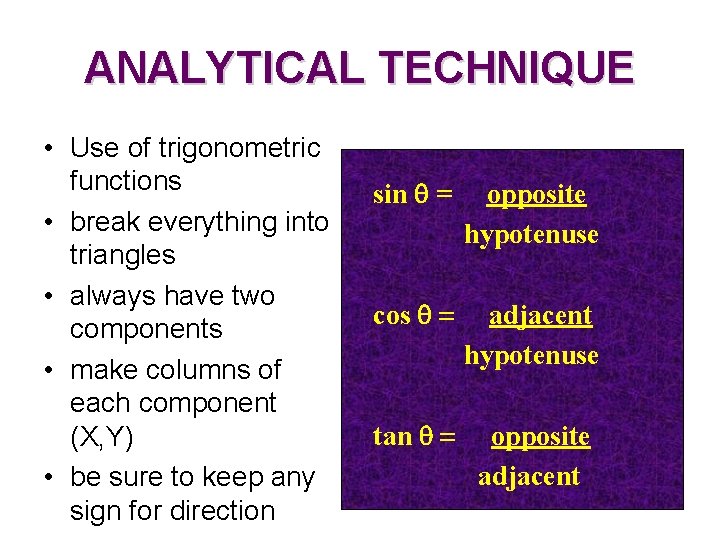 ANALYTICAL TECHNIQUE • Use of trigonometric functions • break everything into triangles • always