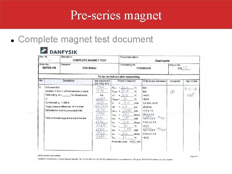 Pre-series magnet Complete magnet test document 