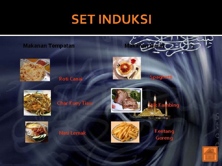 SET INDUKSI Makanan Tempatan Roti Canai Char Kuey Tiaw Nasi Lemak Makanan Barat Spaghetti