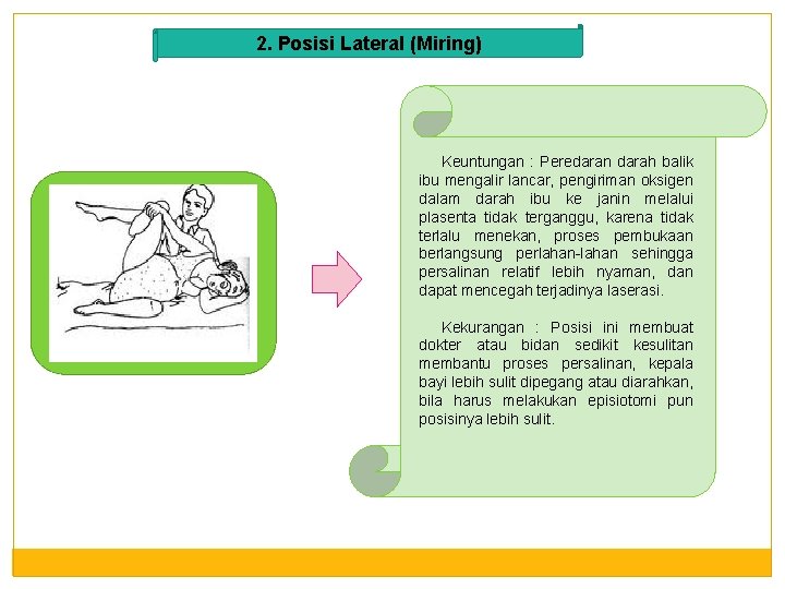 2. Posisi Lateral (Miring) Keuntungan : Peredaran darah balik ibu mengalir lancar, pengiriman oksigen