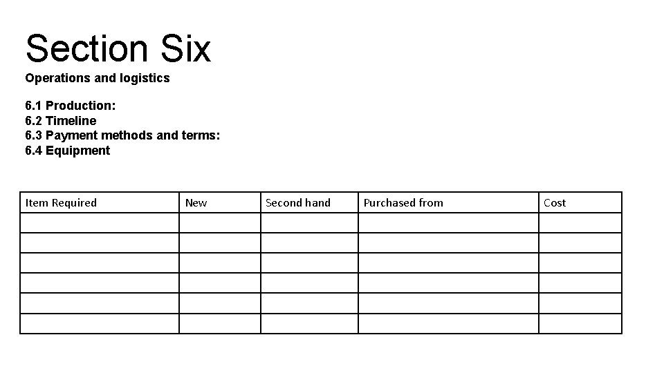 Section Six Operations and logistics 6. 1 Production: 6. 2 Timeline 6. 3 Payment