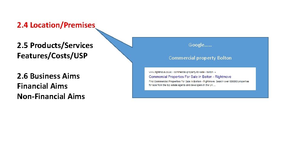 2. 4 Location/Premises 2. 5 Products/Services Features/Costs/USP 2. 6 Business Aims Financial Aims Non-Financial