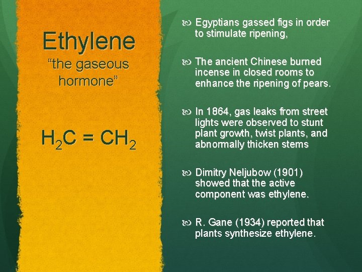 Ethylene Egyptians gassed figs in order to stimulate ripening, “the gaseous hormone” The ancient