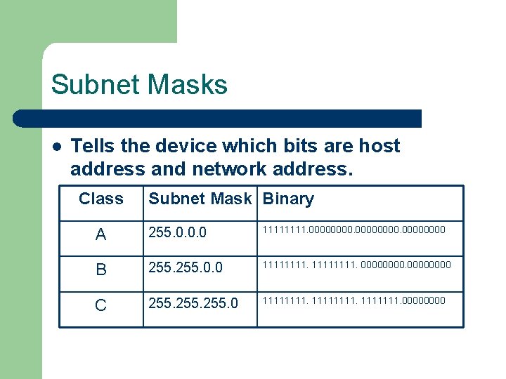 Subnet Masks l Tells the device which bits are host address and network address.