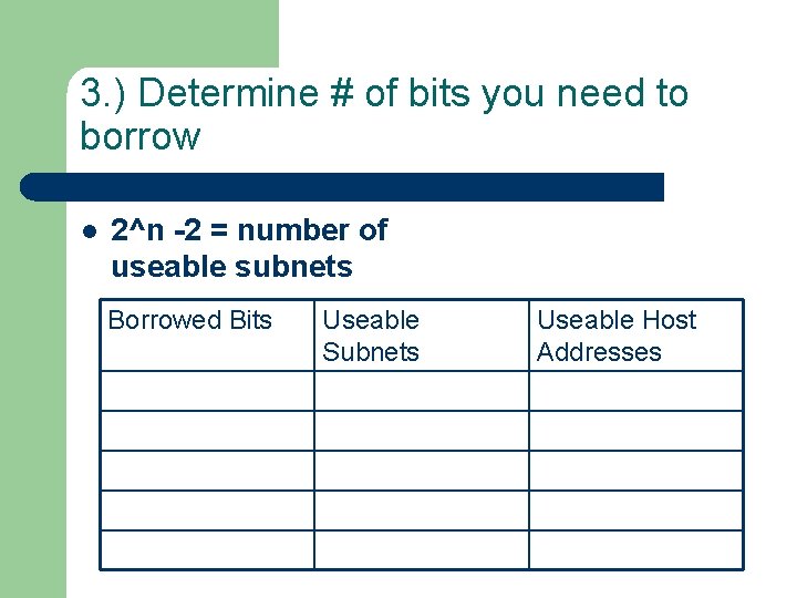 3. ) Determine # of bits you need to borrow l 2^n -2 =