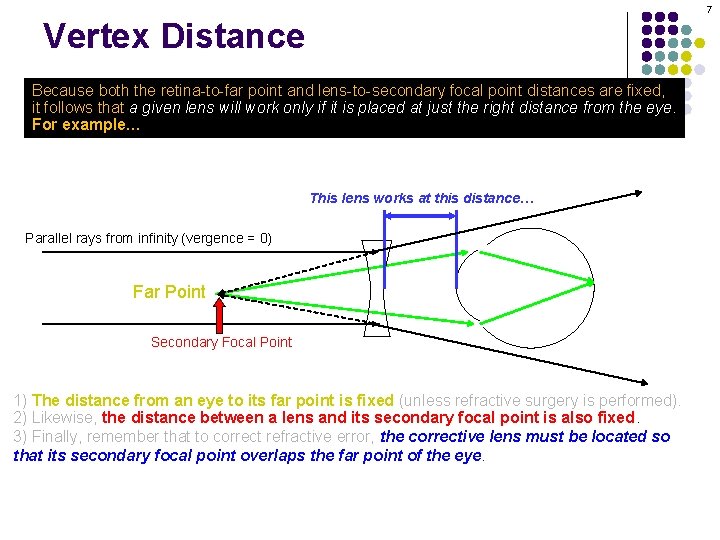 7 Vertex Distance Because both the retina-to-far point and lens-to-secondary focal point distances are