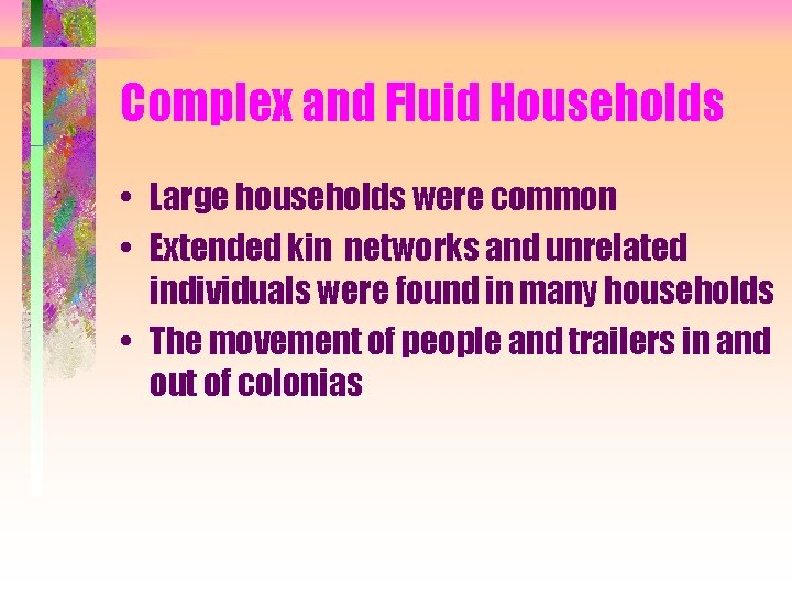 Complex and Fluid Households • Large households were common • Extended kin networks and