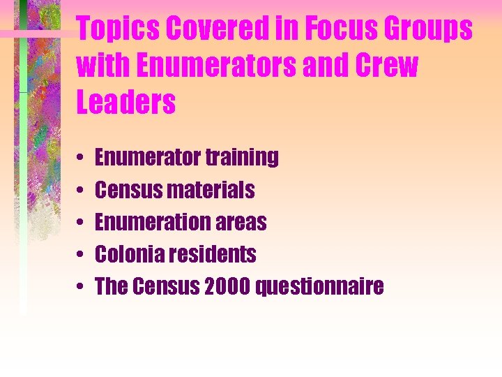 Topics Covered in Focus Groups with Enumerators and Crew Leaders • • • Enumerator
