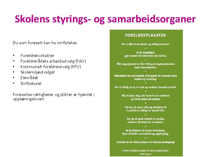 Skolens styrings- og samarbeidsorganer Du som foresatt kan ha innflytelse: • • • Foreldrekontakter