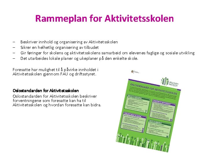 Rammeplan for Aktivitetsskolen – – Beskriver innhold og organisering av Aktivitetsskolen Sikrer en helhetlig