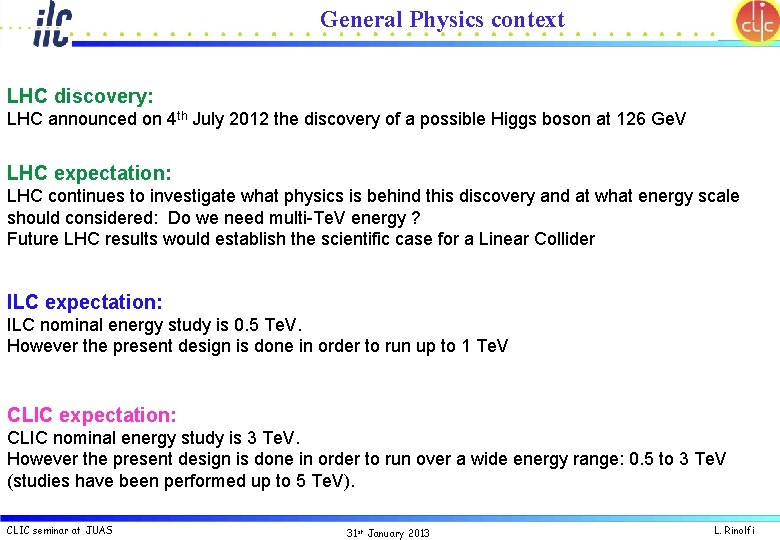 General Physics context LHC discovery: LHC announced on 4 th July 2012 the discovery