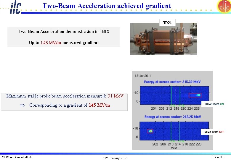 Two-Beam Acceleration achieved gradient TD 24 Two-Beam Acceleration demonstration in TBTS Up to 145