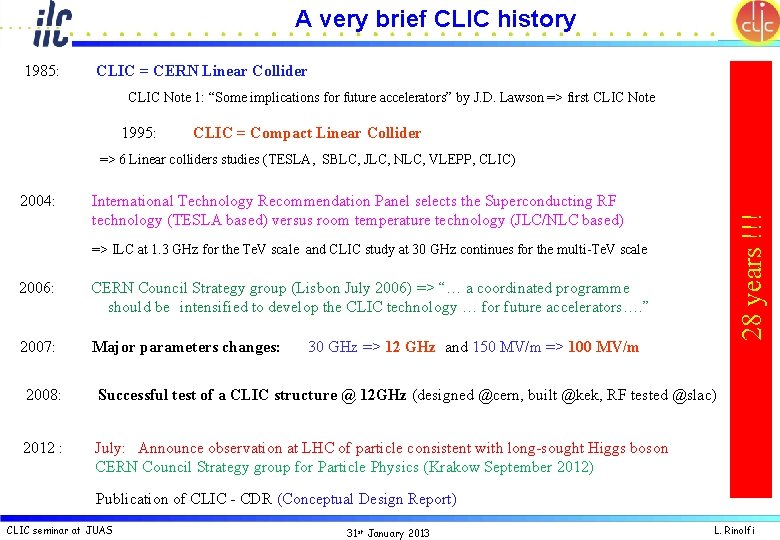 A very brief CLIC history 1985: CLIC = CERN Linear Collider CLIC Note 1: