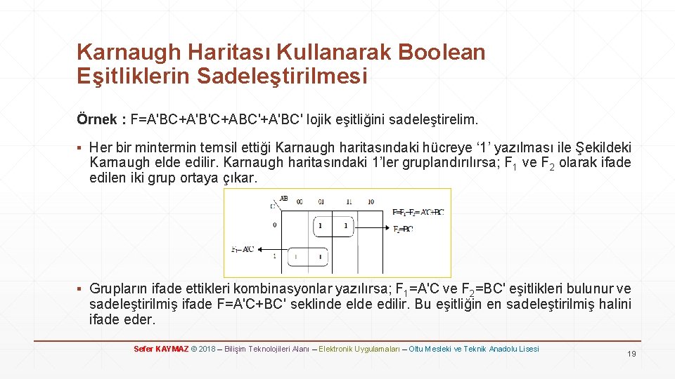 Karnaugh Haritası Kullanarak Boolean Eşitliklerin Sadeleştirilmesi Örnek : F=A'BC+A'B'C+ABC'+A'BC' lojik eşitliğini sadeleştirelim. ▪ Her