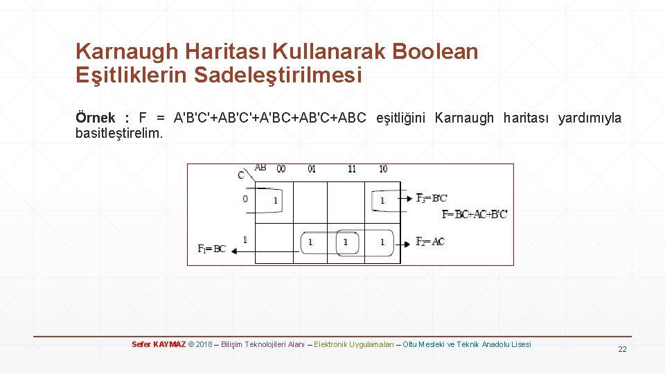 Karnaugh Haritası Kullanarak Boolean Eşitliklerin Sadeleştirilmesi Örnek : F = A'B'C'+A'BC+AB'C+ABC eşitliğini Karnaugh haritası