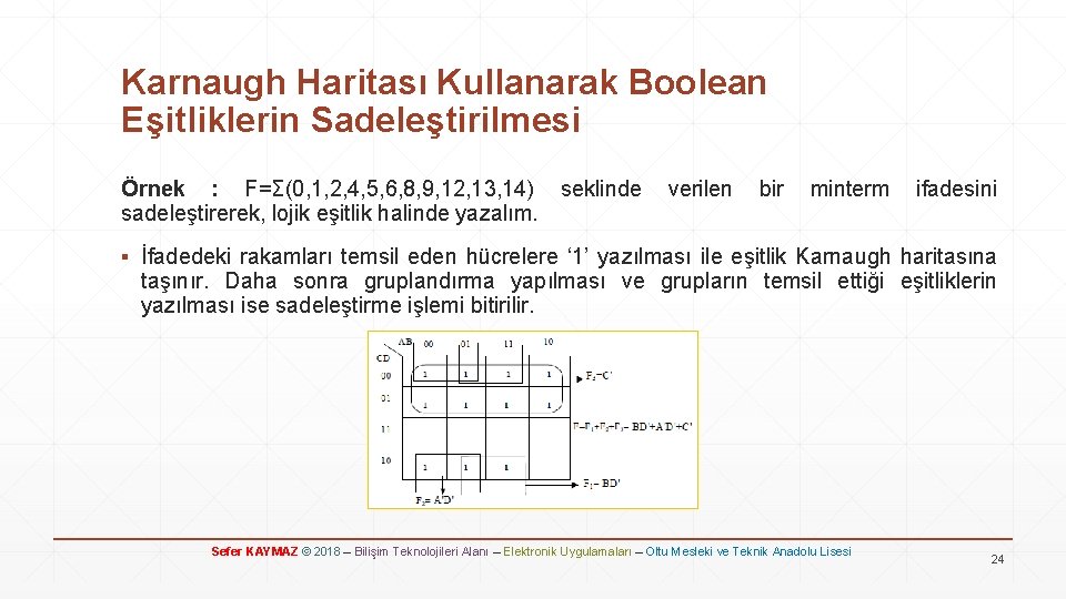 Karnaugh Haritası Kullanarak Boolean Eşitliklerin Sadeleştirilmesi Örnek : F=Σ(0, 1, 2, 4, 5, 6,