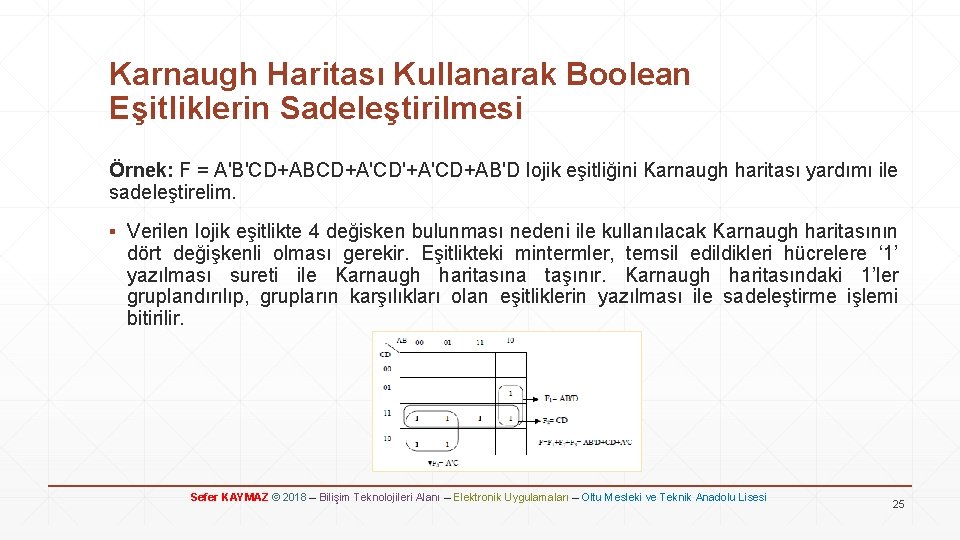 Karnaugh Haritası Kullanarak Boolean Eşitliklerin Sadeleştirilmesi Örnek: F = A'B'CD+ABCD+A'CD'+A'CD+AB'D lojik eşitliğini Karnaugh haritası