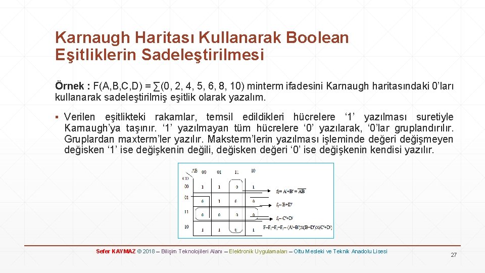 Karnaugh Haritası Kullanarak Boolean Eşitliklerin Sadeleştirilmesi Örnek : F(A, B, C, D) = ∑(0,